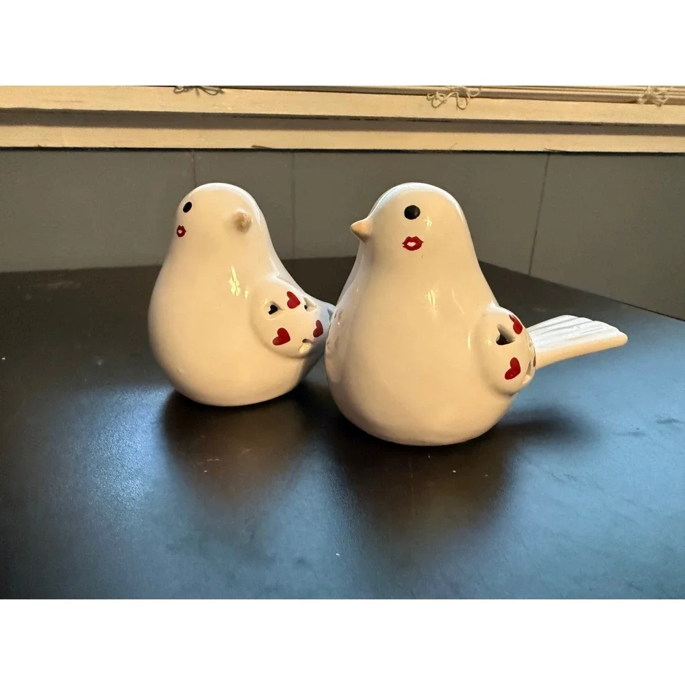 Ceramic Light Up Valentine Love Birds White Heart Cutout LED Figurines Set of 2